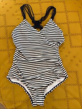 Kona Sol Navy and White Striped One-Piece Swimsuit with Macramé Back